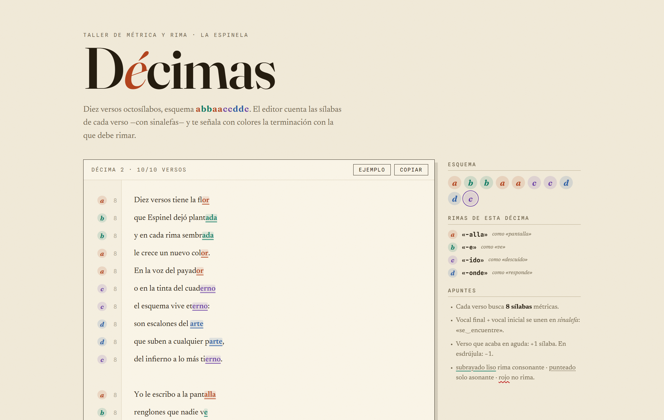 Décimas editor with rhyme letters, syllable counts, and color-coded endings
