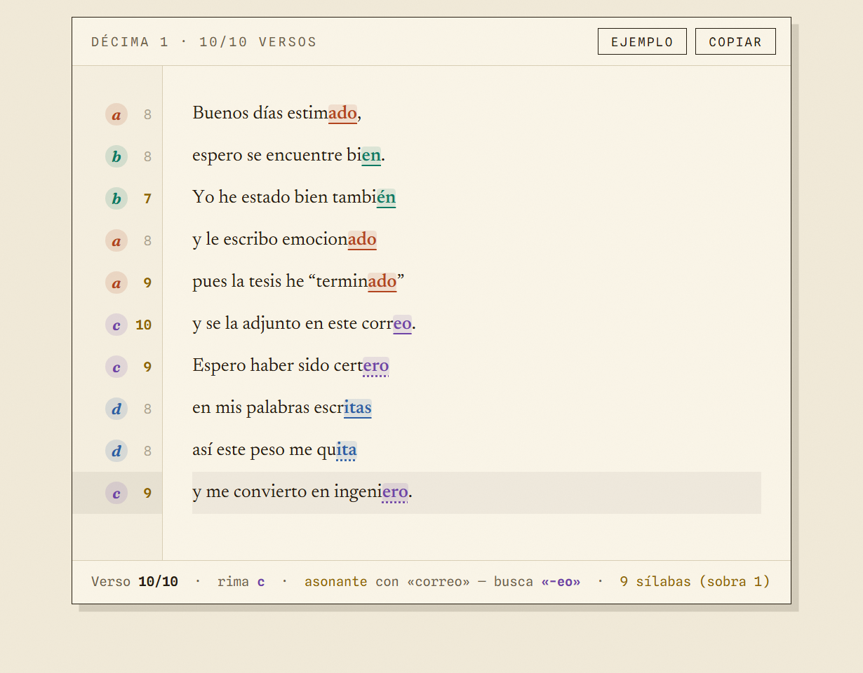 Editor flagging syllable-count issues and a merely assonant rhyme