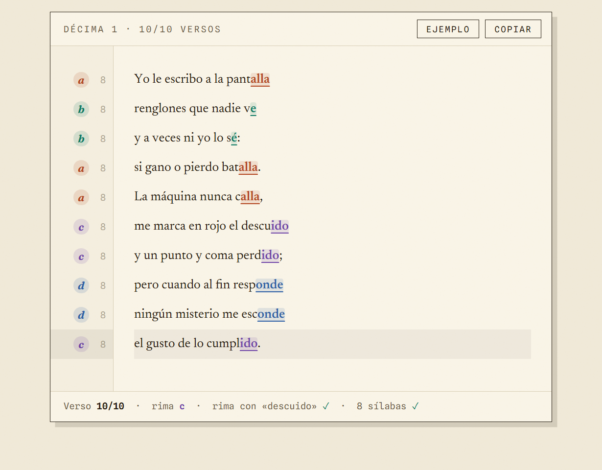 A décima about programming written in the editor
